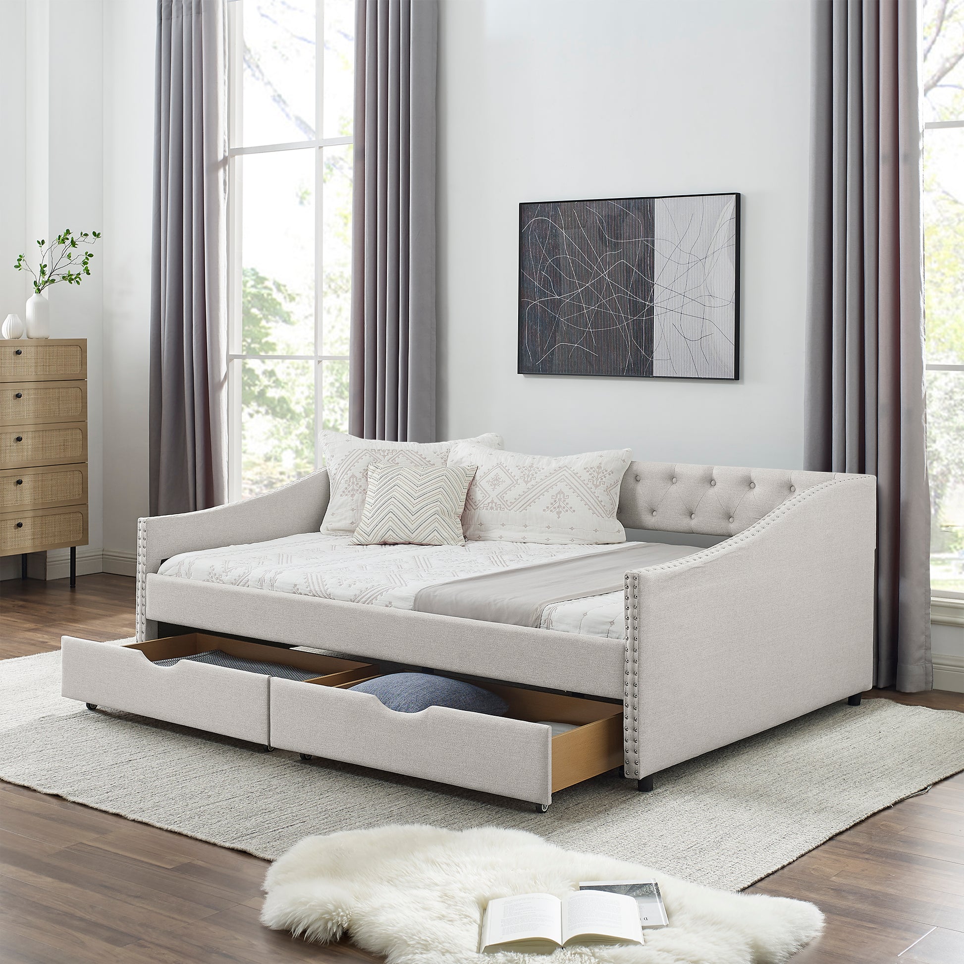 Full Size Daybed with Drawers Upholstered Tufted Sofa Bed, with Button on Back and Copper Nail on Waved Shape Arms, Beige (80.5''x55.5''x27.5'') (OLD SKU: W1413S00004) image 3