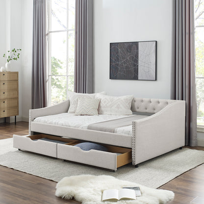 Full Size Daybed with Drawers Upholstered Tufted Sofa Bed, with Button on Back and Copper Nail on Waved Shape Arms, Beige (80.5''x55.5''x27.5'') (OLD SKU: W1413S00004) image 3
