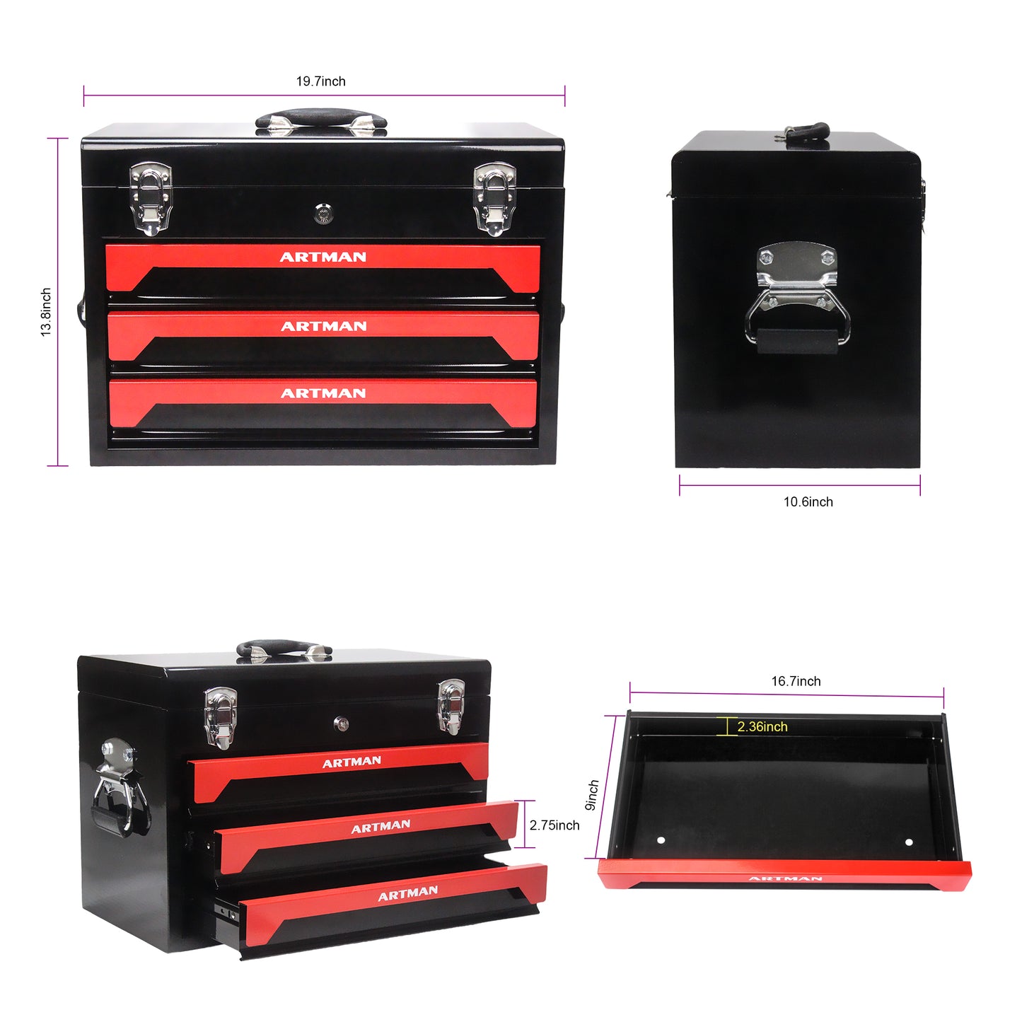 20'' Portable 3-Drawer Steel Toolbox, 4 Layers of Tools with Metal Latches, with Top Storage Tray and carrying Handle, Multi-Function Tool Storage for Garage, Home, or Workbench,Black&Red image 2