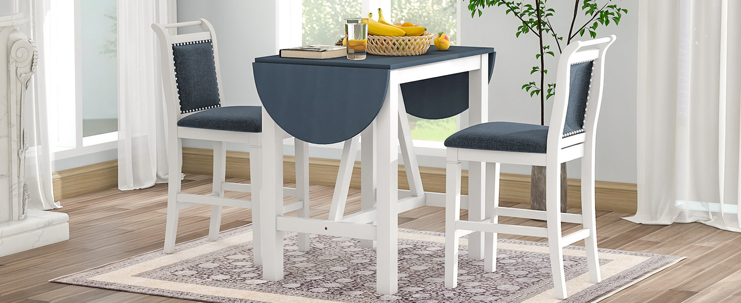 TOPMAX 3-Piece Wood Counter Height Drop Leaf Dining Table Set with 2 Upholstered Dining Chairs for Small Place, White image 3