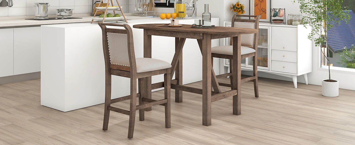 TOPMAX 3-Piece Wood Counter Height Drop Leaf Dining Table Set with 2 Upholstered Dining Chairs for Small Place, Brown image 5