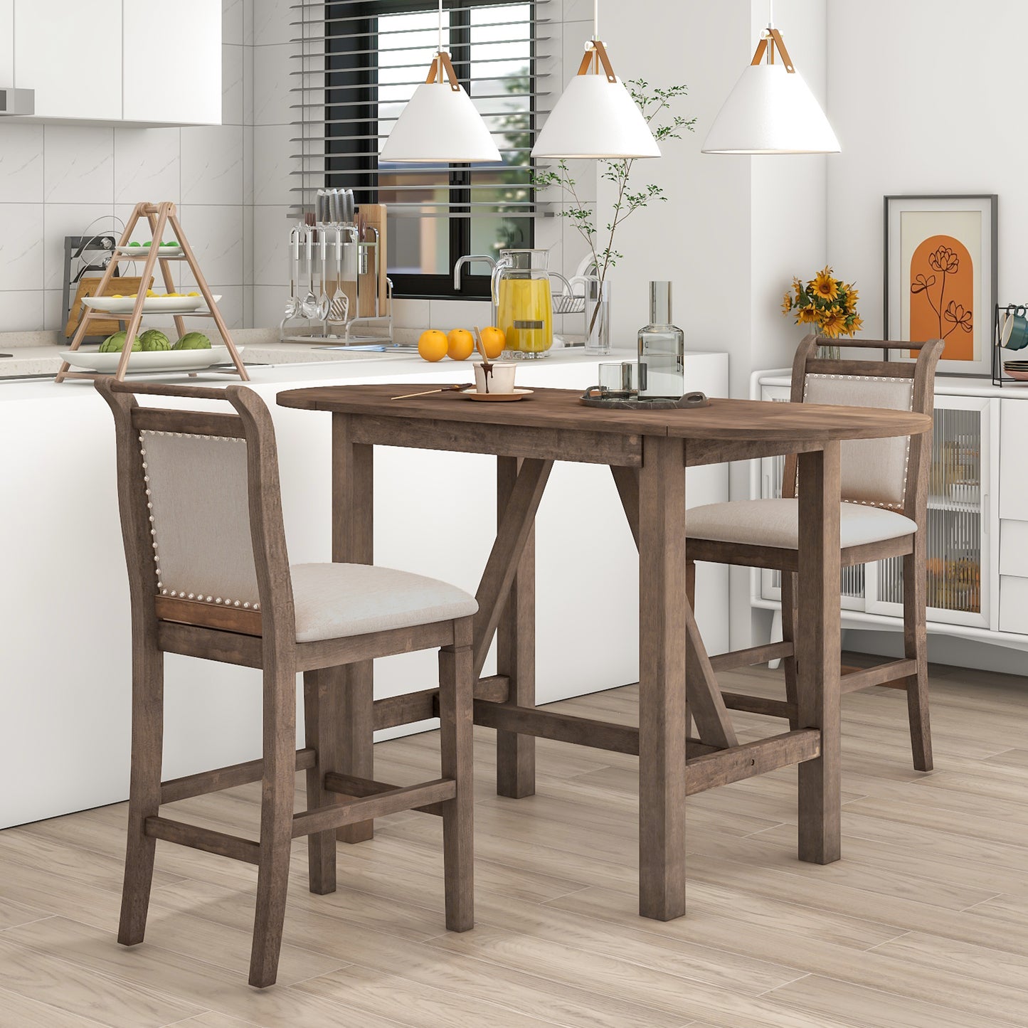 TOPMAX 3-Piece Wood Counter Height Drop Leaf Dining Table Set with 2 Upholstered Dining Chairs for Small Place, Brown image 1