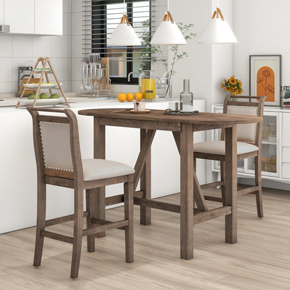 TOPMAX 3-Piece Wood Counter Height Drop Leaf Dining Table Set with 2 Upholstered Dining Chairs for Small Place, Brown image 1