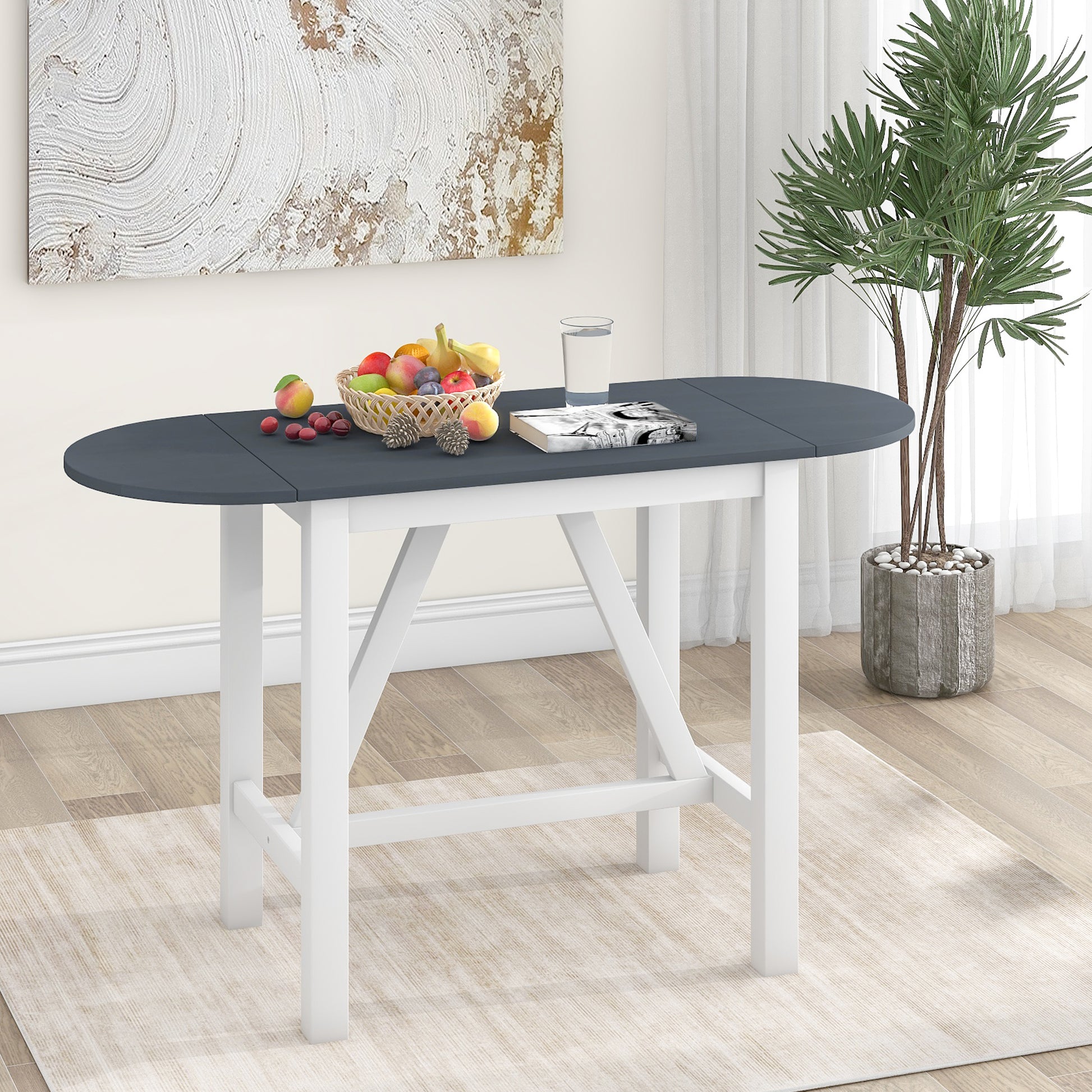 TOPMAX 3-Piece Wood Counter Height Drop Leaf Dining Table Set with 2 Upholstered Dining Chairs for Small Place, White image 8