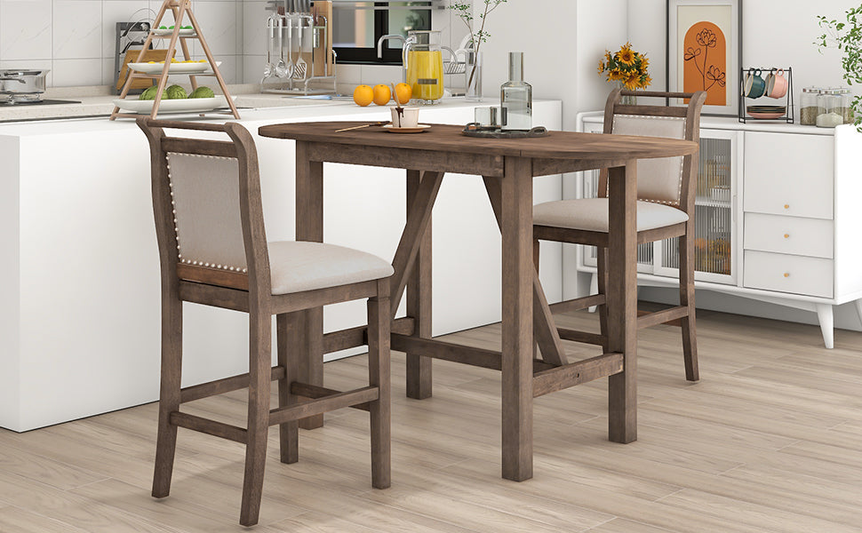 TOPMAX 3-Piece Wood Counter Height Drop Leaf Dining Table Set with 2 Upholstered Dining Chairs for Small Place, Brown image 4