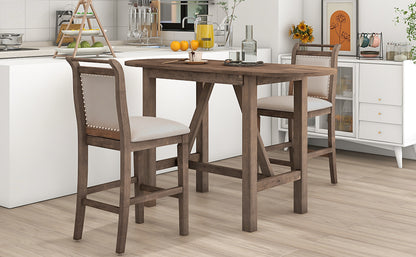 TOPMAX 3-Piece Wood Counter Height Drop Leaf Dining Table Set with 2 Upholstered Dining Chairs for Small Place, Brown image 4