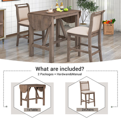TOPMAX 3-Piece Wood Counter Height Drop Leaf Dining Table Set with 2 Upholstered Dining Chairs for Small Place, Brown image 12