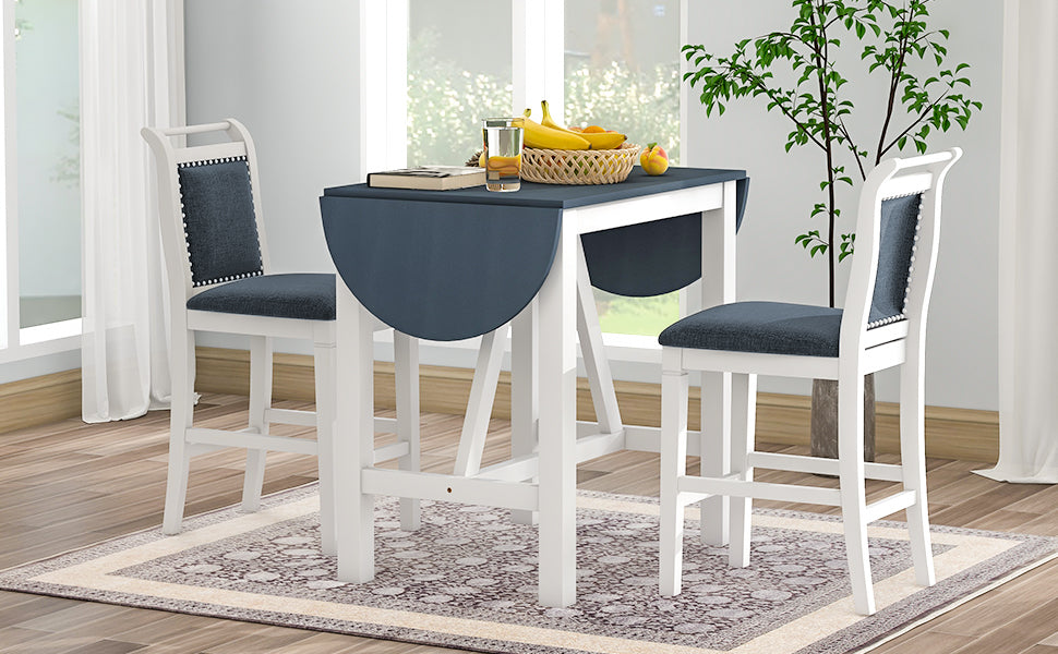 TOPMAX 3-Piece Wood Counter Height Drop Leaf Dining Table Set with 2 Upholstered Dining Chairs for Small Place, White image 5
