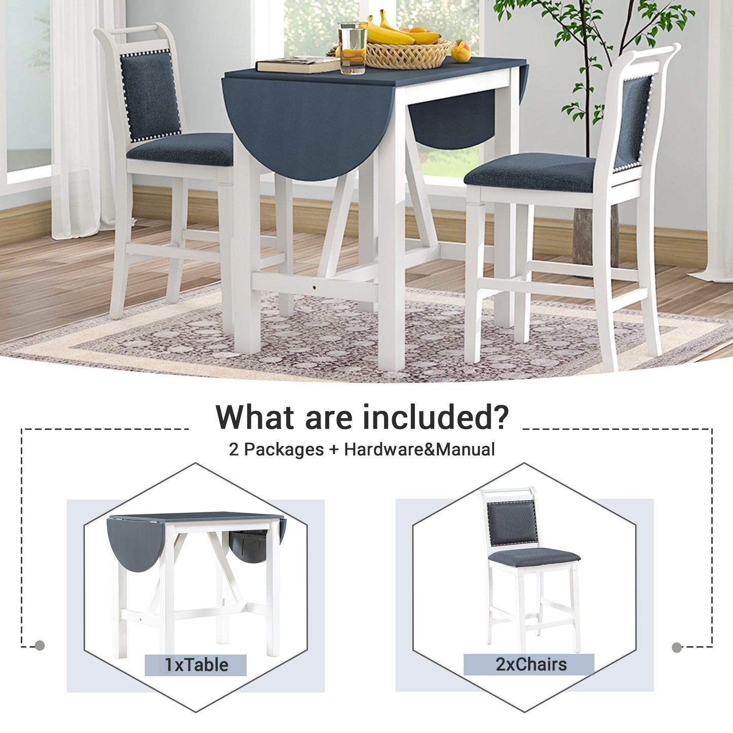 TOPMAX 3-Piece Wood Counter Height Drop Leaf Dining Table Set with 2 Upholstered Dining Chairs for Small Place, White image 12