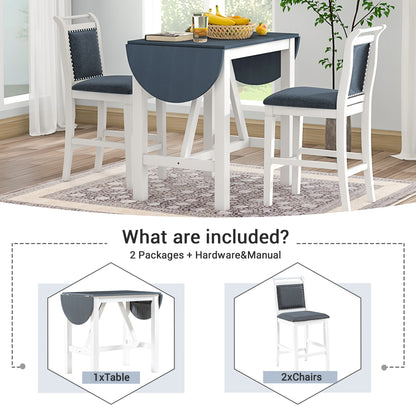 TOPMAX 3-Piece Wood Counter Height Drop Leaf Dining Table Set with 2 Upholstered Dining Chairs for Small Place, White image 12