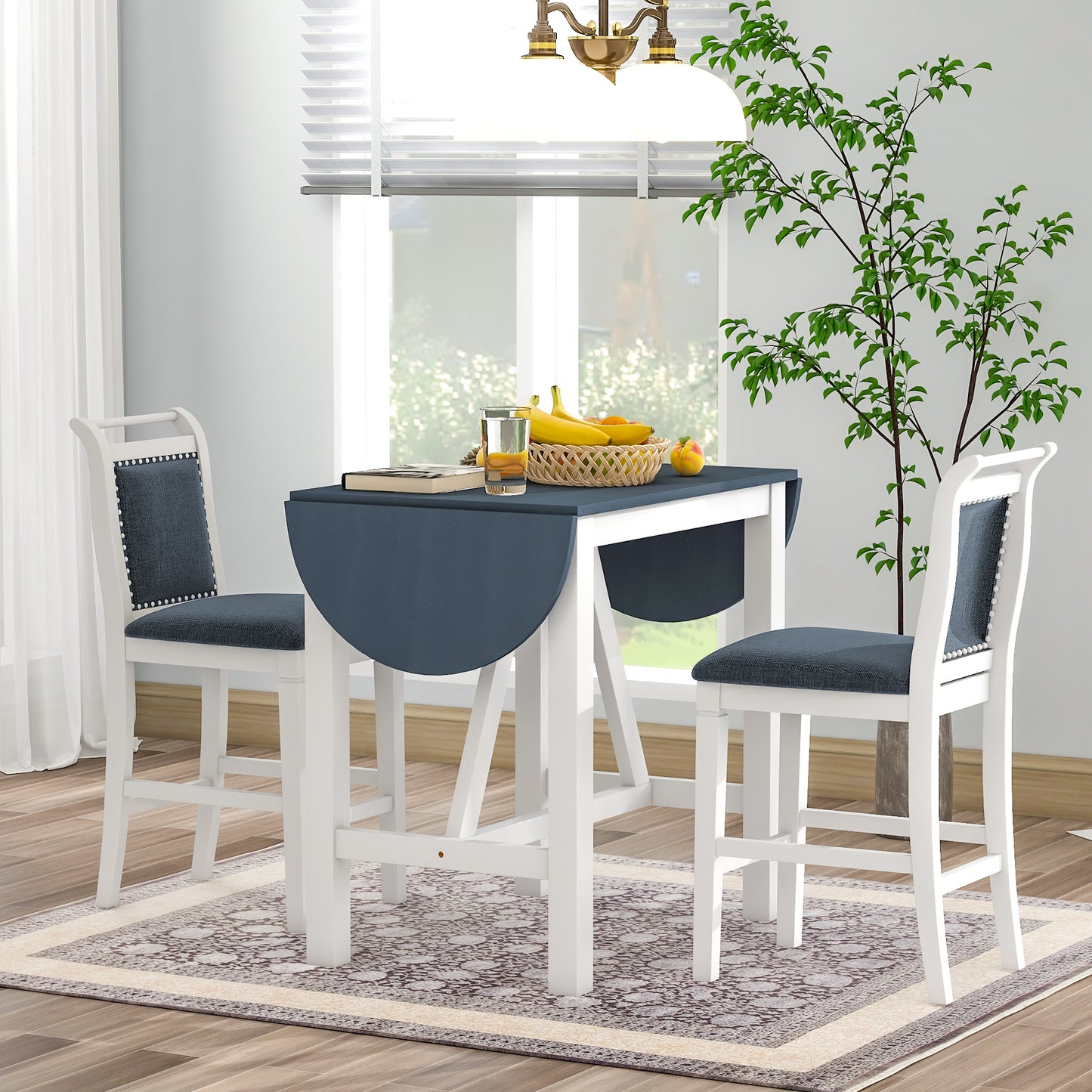 TOPMAX 3-Piece Wood Counter Height Drop Leaf Dining Table Set with 2 Upholstered Dining Chairs for Small Place, White image 1