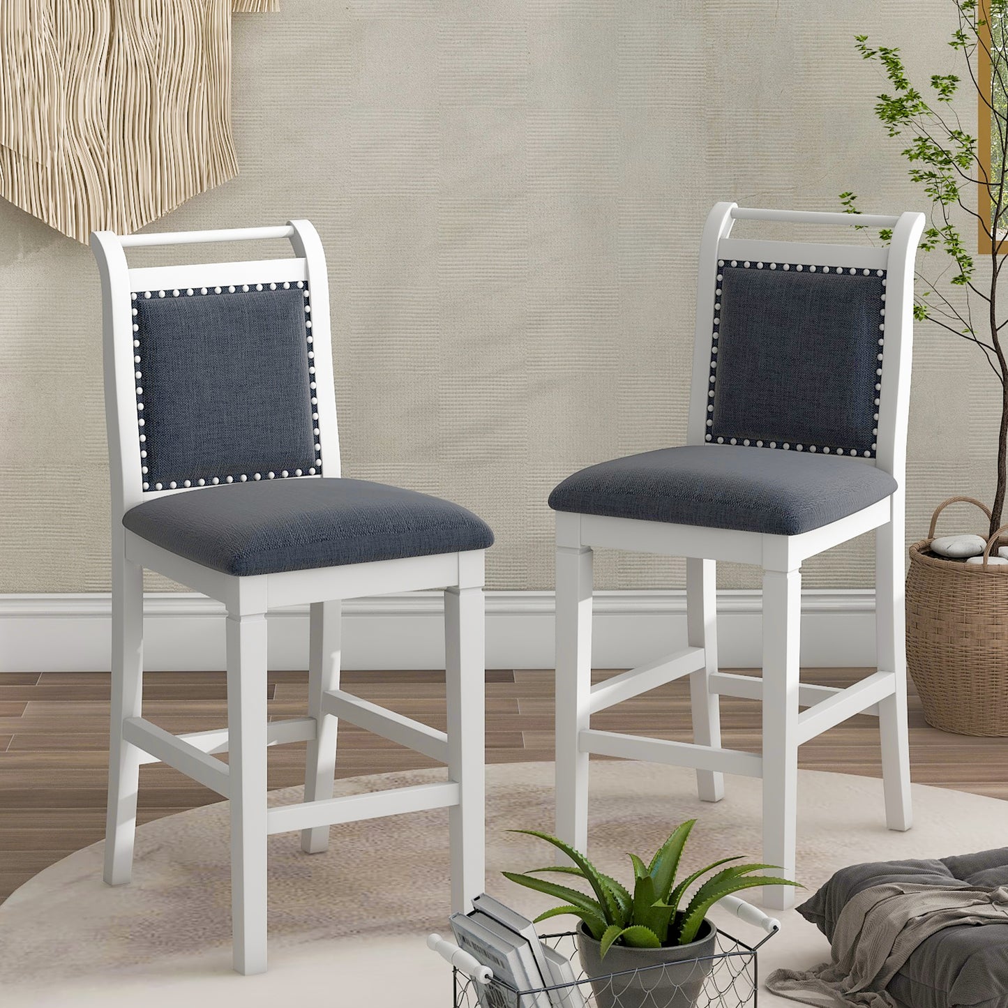 TOPMAX 3-Piece Wood Counter Height Drop Leaf Dining Table Set with 2 Upholstered Dining Chairs for Small Place, White image 9