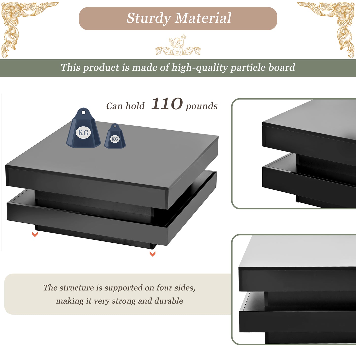 ON-TREND High Gloss Minimalist Design with LED Lights, 2-Tier Square Coffee Table, Center Table for Living Room, 31.5''x31.5''x14.2'',Black image 5