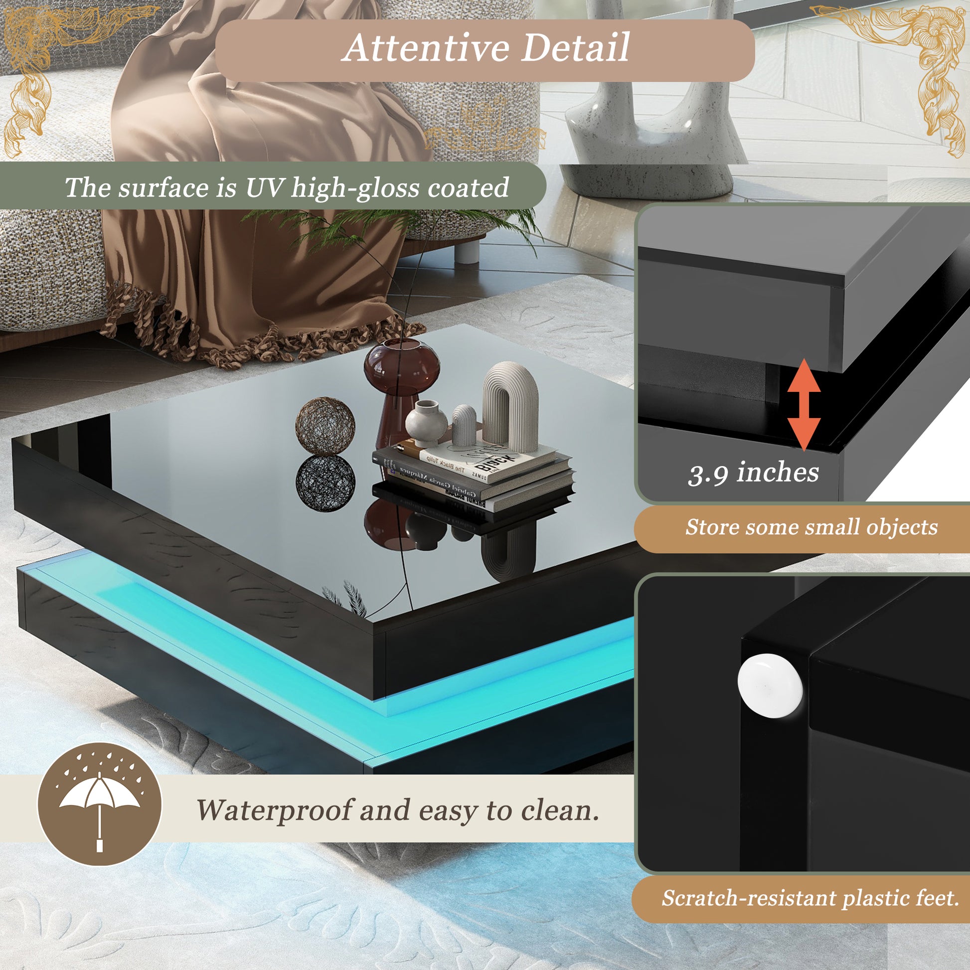 ON-TREND High Gloss Minimalist Design with LED Lights, 2-Tier Square Coffee Table, Center Table for Living Room, 31.5''x31.5''x14.2'',Black image 7