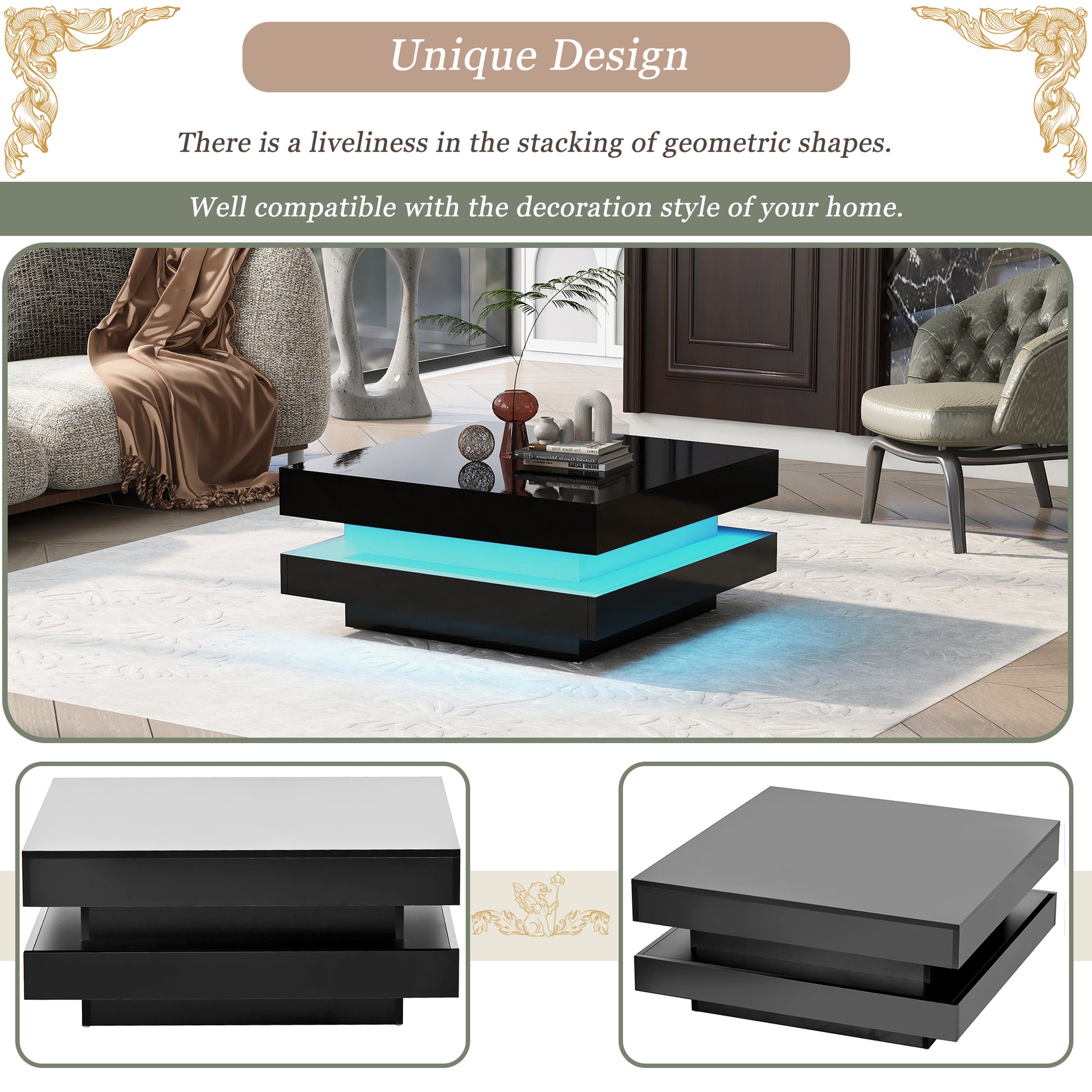 ON-TREND High Gloss Minimalist Design with LED Lights, 2-Tier Square Coffee Table, Center Table for Living Room, 31.5''x31.5''x14.2'',Black image 4