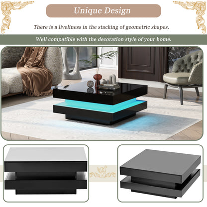 ON-TREND High Gloss Minimalist Design with LED Lights, 2-Tier Square Coffee Table, Center Table for Living Room, 31.5''x31.5''x14.2'',Black image 4