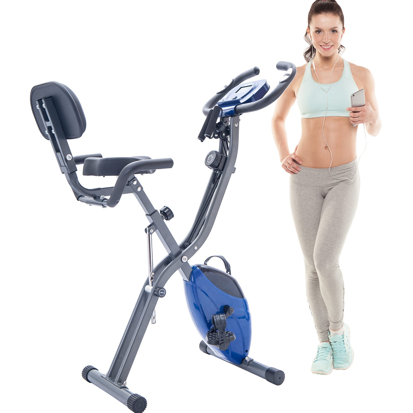Folding Exercise Bike, Fitness Upright and Recumbent X-Bike with 16-Level Adjustable Resistance, Arm Bands and Backrest image 1
