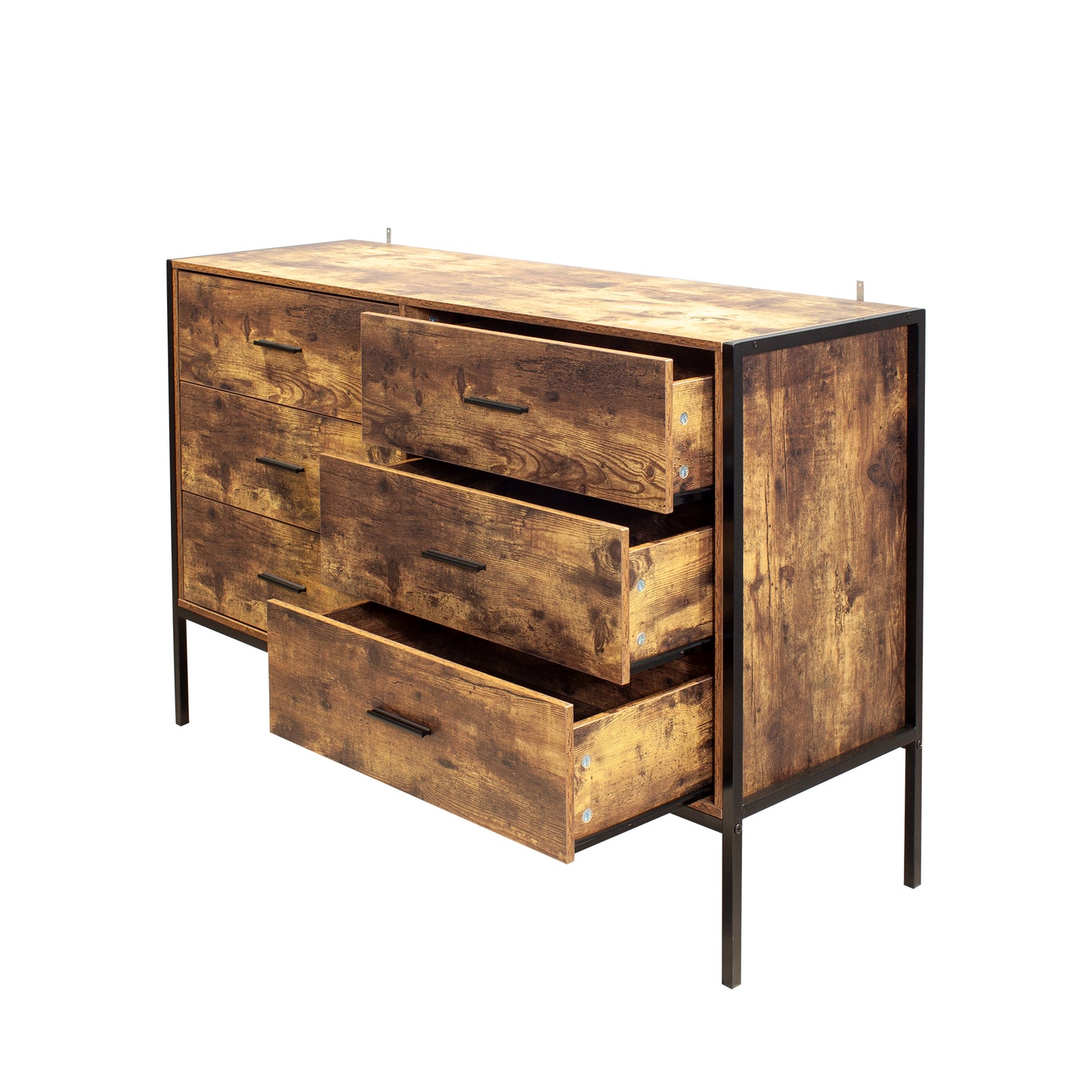 Industrial Style 6 Drawer Double Dresser,Rustic Brown Wood Storage Dresser Clothes Organizer with Sturdy Steel Frame, Chest with 6 Drawer, Storage Cabinet for Bedroom, Living Room image 4