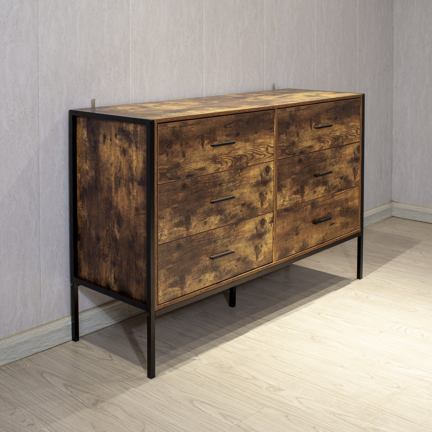 Industrial Style 6 Drawer Double Dresser,Rustic Brown Wood Storage Dresser Clothes Organizer with Sturdy Steel Frame, Chest with 6 Drawer, Storage Cabinet for Bedroom, Living Room image 3
