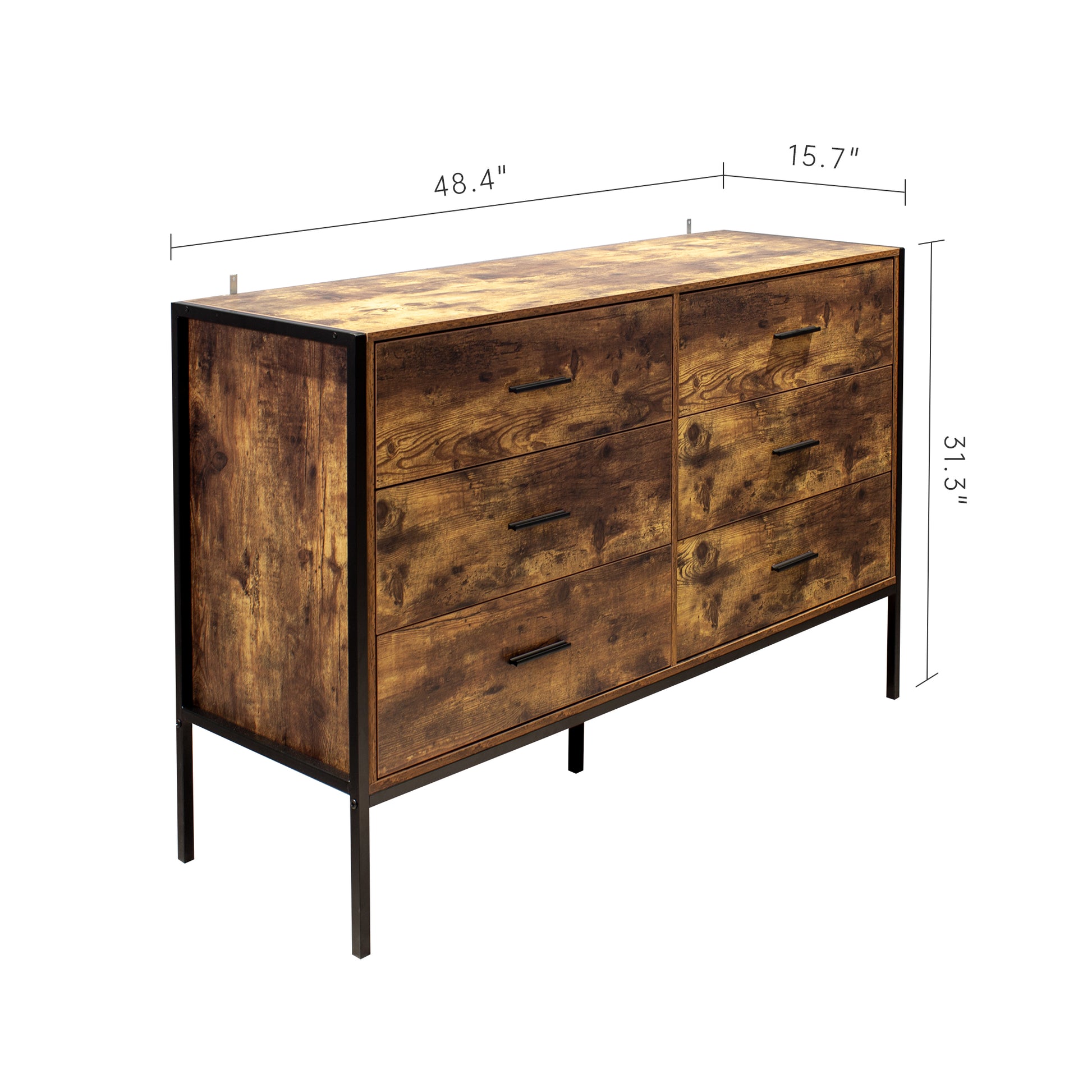 Industrial Style 6 Drawer Double Dresser,Rustic Brown Wood Storage Dresser Clothes Organizer with Sturdy Steel Frame, Chest with 6 Drawer, Storage Cabinet for Bedroom, Living Room image 10