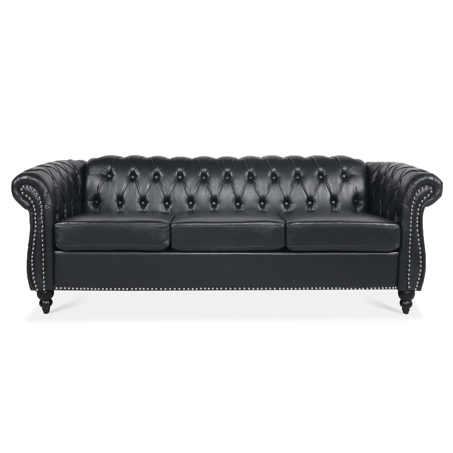 84.65" BLACK PU Rolled Arm Chesterfield Three Seater Sofa. image 3