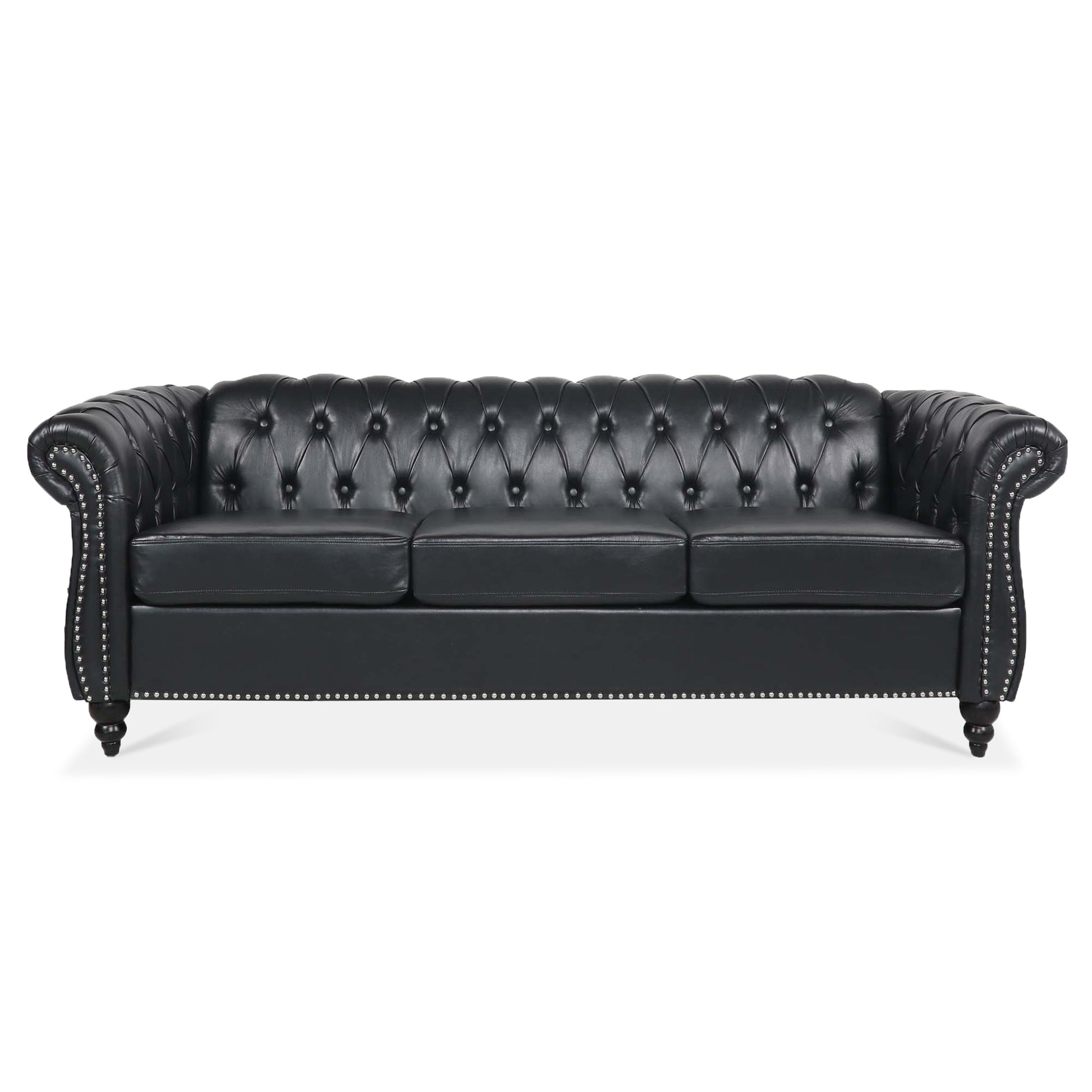 84.65" BLACK PU Rolled Arm Chesterfield Three Seater Sofa. image 3