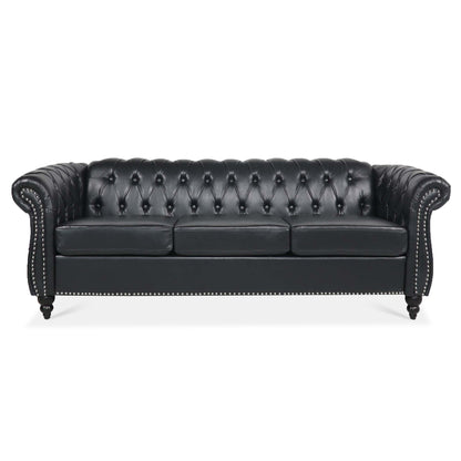 84.65" BLACK PU Rolled Arm Chesterfield Three Seater Sofa. image 3