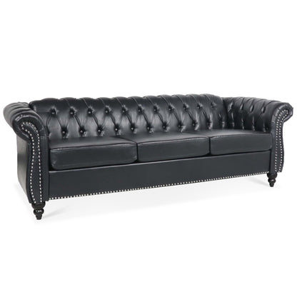 84.65" BLACK PU Rolled Arm Chesterfield Three Seater Sofa. image 4