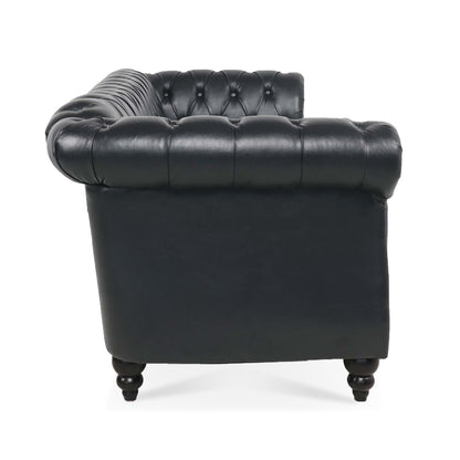 84.65" BLACK PU Rolled Arm Chesterfield Three Seater Sofa. image 5