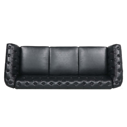 84.65" BLACK PU Rolled Arm Chesterfield Three Seater Sofa. image 7