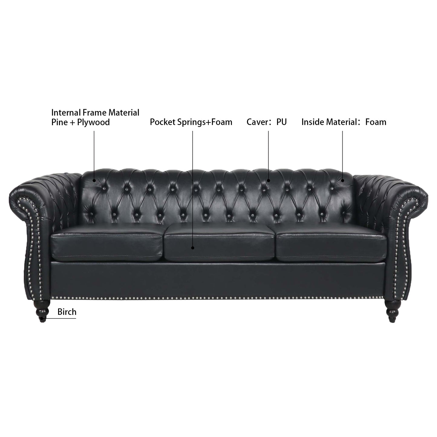 84.65" BLACK PU Rolled Arm Chesterfield Three Seater Sofa. image 8