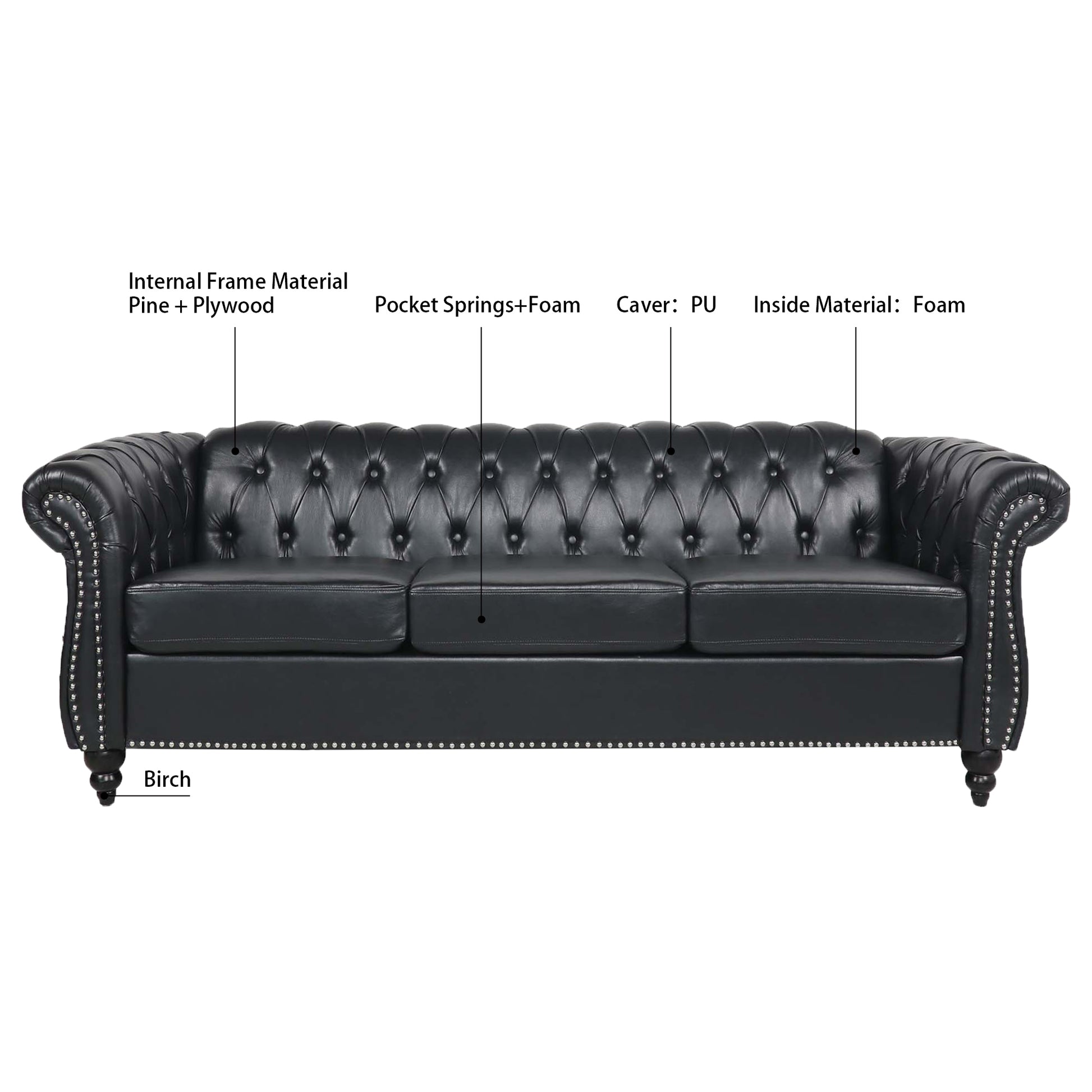 84.65" BLACK PU Rolled Arm Chesterfield Three Seater Sofa. image 8