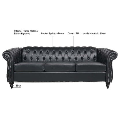 84.65" BLACK PU Rolled Arm Chesterfield Three Seater Sofa. image 8