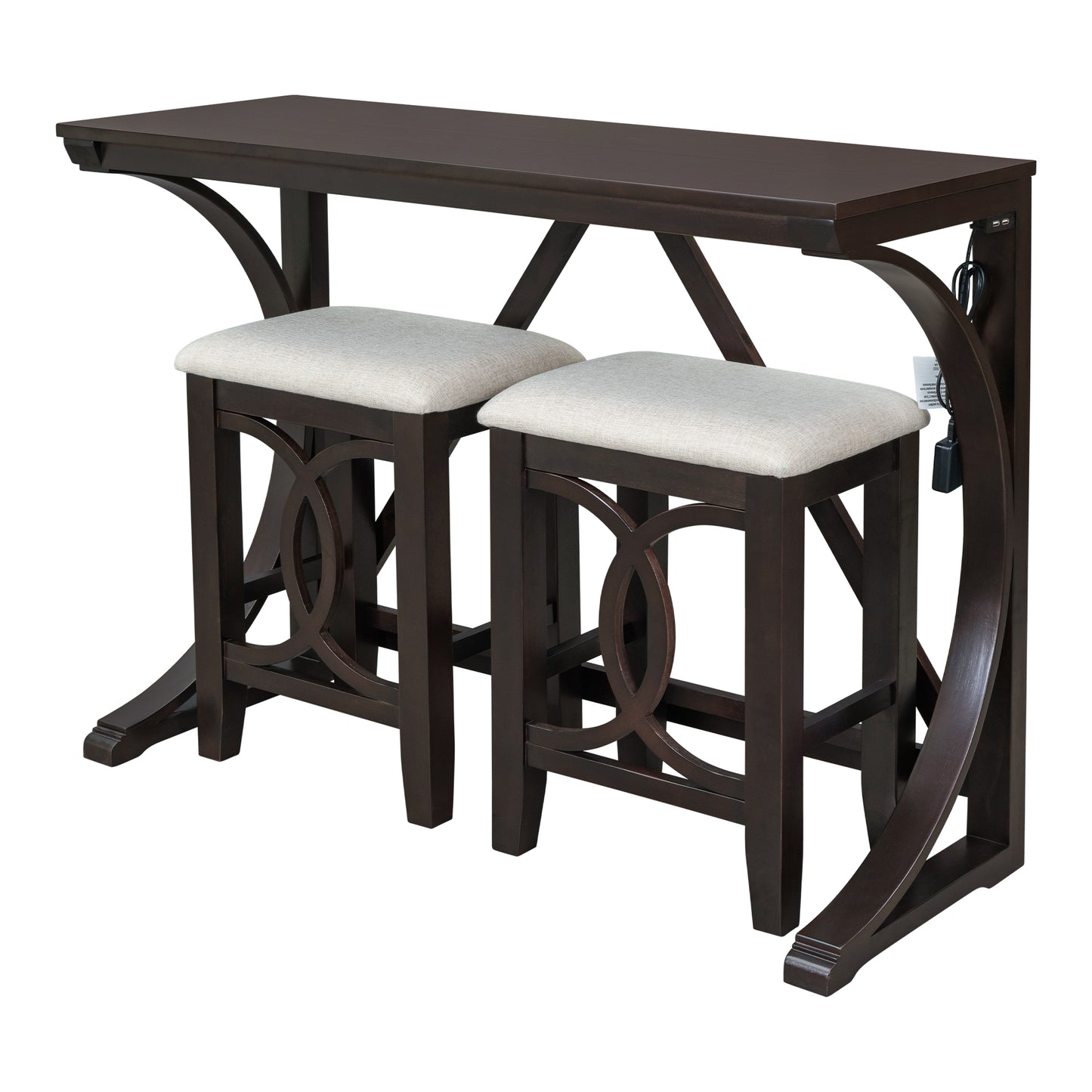 TOPMAX Farmhouse 3-Piece Counter Height Dining Table Set with USB Port and Upholstered Stools,Espresso image 7