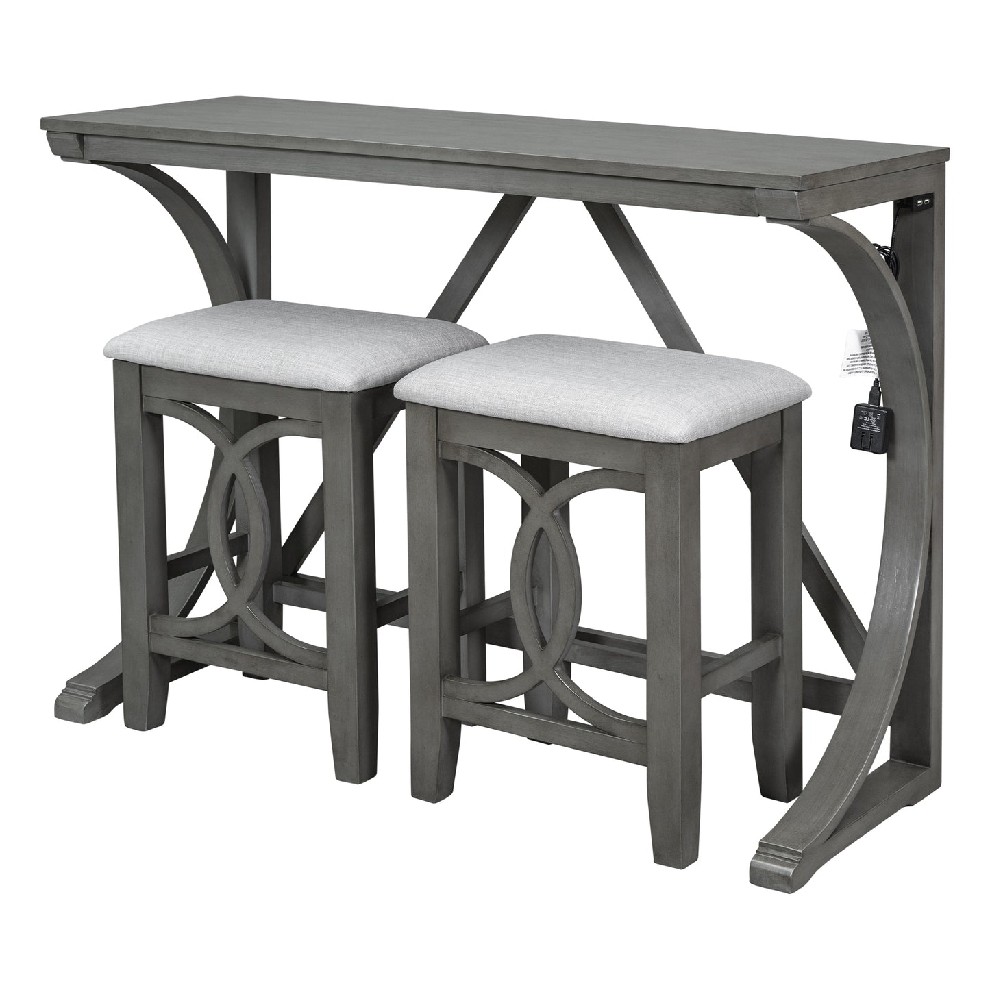 TOPMAX Farmhouse 3-Piece Counter Height Dining Table Set with USB Port and Upholstered Stools,Gray image 7