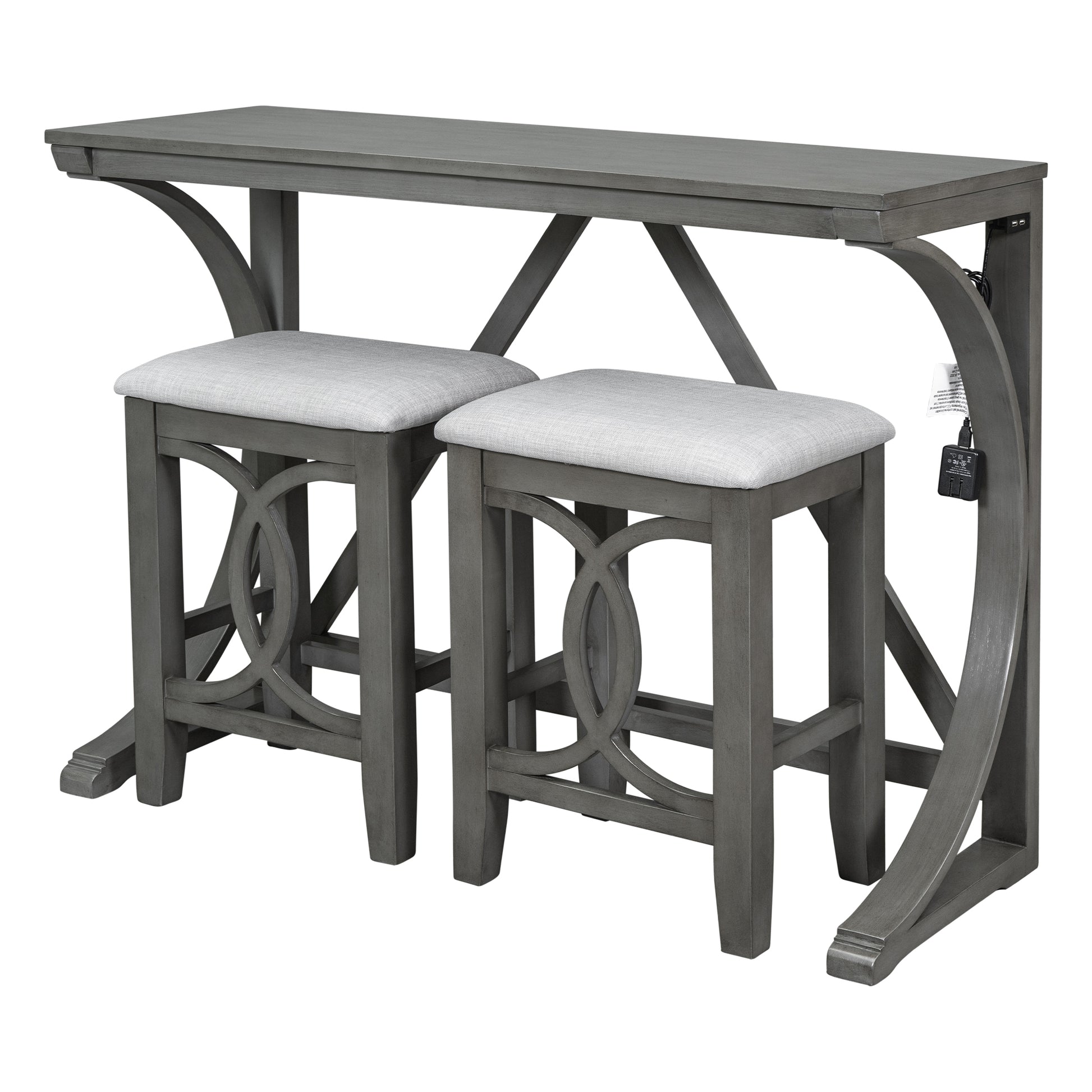 TOPMAX Farmhouse 3-Piece Counter Height Dining Table Set with USB Port and Upholstered Stools,Gray image 7