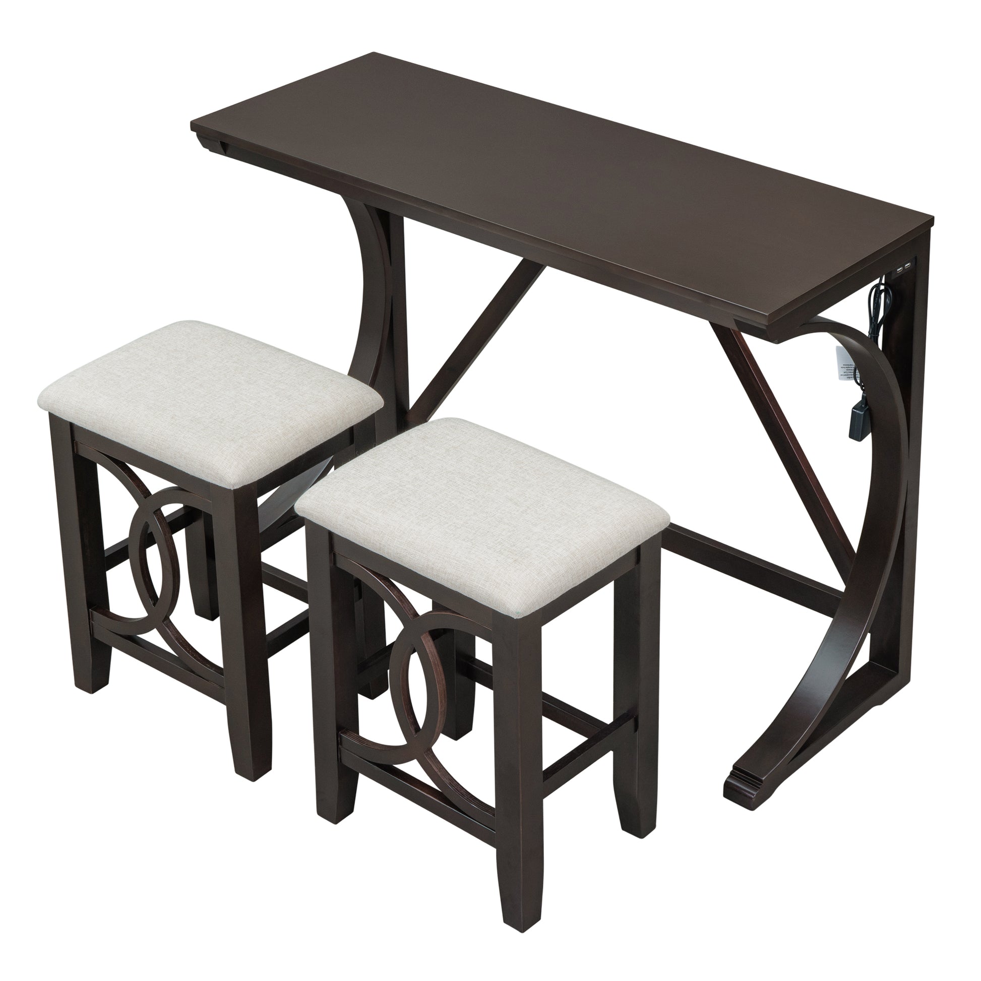 TOPMAX Farmhouse 3-Piece Counter Height Dining Table Set with USB Port and Upholstered Stools,Espresso image 8
