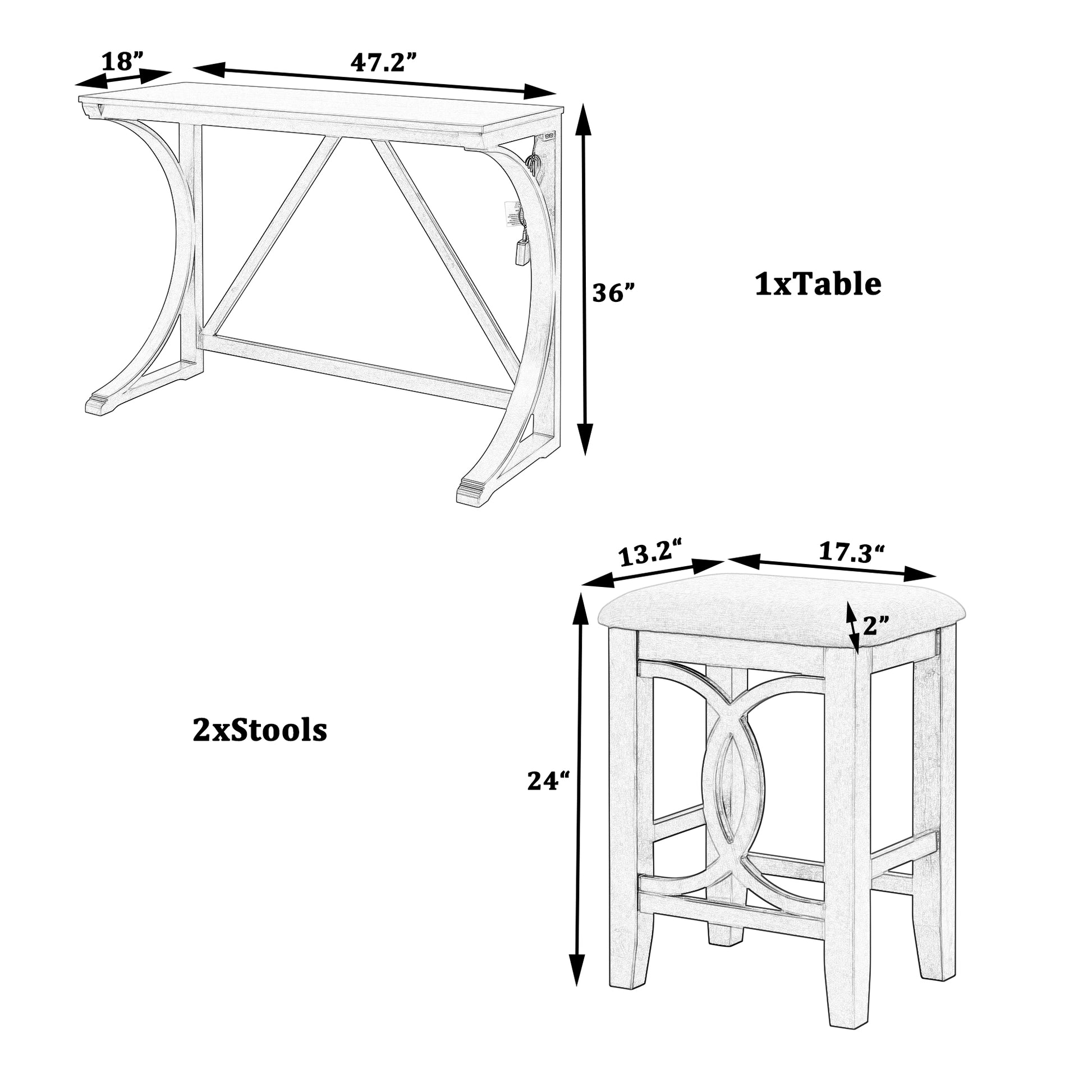 TOPMAX Farmhouse 3-Piece Counter Height Dining Table Set with USB Port and Upholstered Stools,Milky White image 6