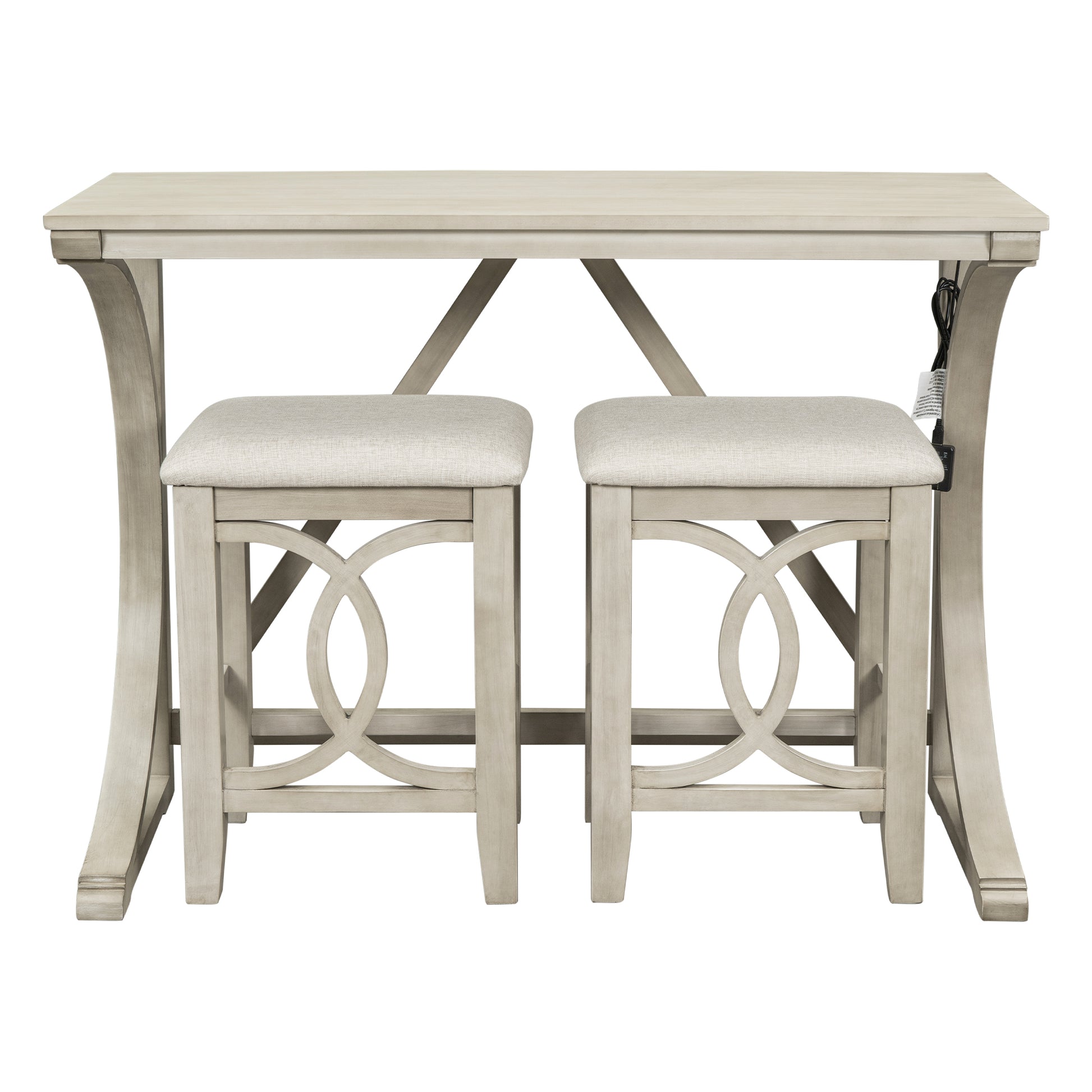 TOPMAX Farmhouse 3-Piece Counter Height Dining Table Set with USB Port and Upholstered Stools,Milky White image 8