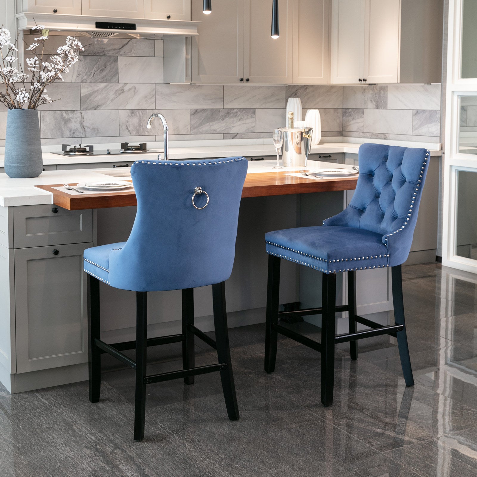 Contemporary Velvet Upholstered Barstools with Button Tufted Decoration and Wooden Legs, and Chrome Nailhead Trim, Leisure Style Bar Chairs,Bar stools, Set of 2 (Blue),SW2002BL image 11
