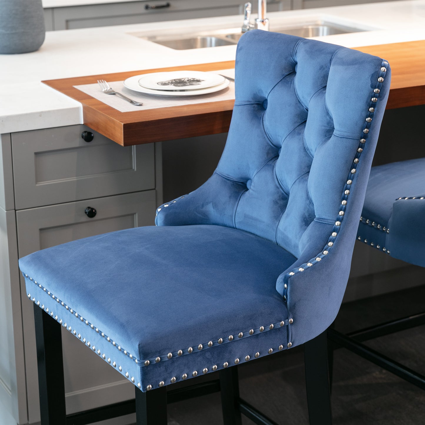 Contemporary Velvet Upholstered Barstools with Button Tufted Decoration and Wooden Legs, and Chrome Nailhead Trim, Leisure Style Bar Chairs,Bar stools, Set of 2 (Blue),SW2002BL image 9