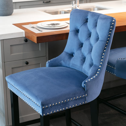 Contemporary Velvet Upholstered Barstools with Button Tufted Decoration and Wooden Legs, and Chrome Nailhead Trim, Leisure Style Bar Chairs,Bar stools, Set of 2 (Blue),SW2002BL image 9