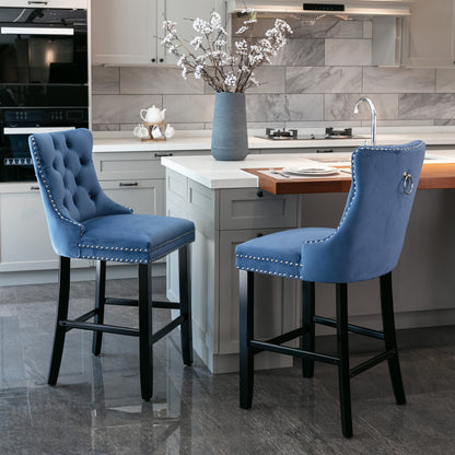 Contemporary Velvet Upholstered Barstools with Button Tufted Decoration and Wooden Legs, and Chrome Nailhead Trim, Leisure Style Bar Chairs,Bar stools, Set of 2 (Blue),SW2002BL image 1