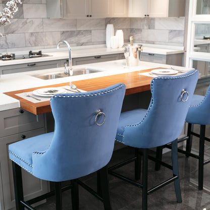 Contemporary Velvet Upholstered Barstools with Button Tufted Decoration and Wooden Legs, and Chrome Nailhead Trim, Leisure Style Bar Chairs,Bar stools, Set of 2 (Blue),SW2002BL image 10