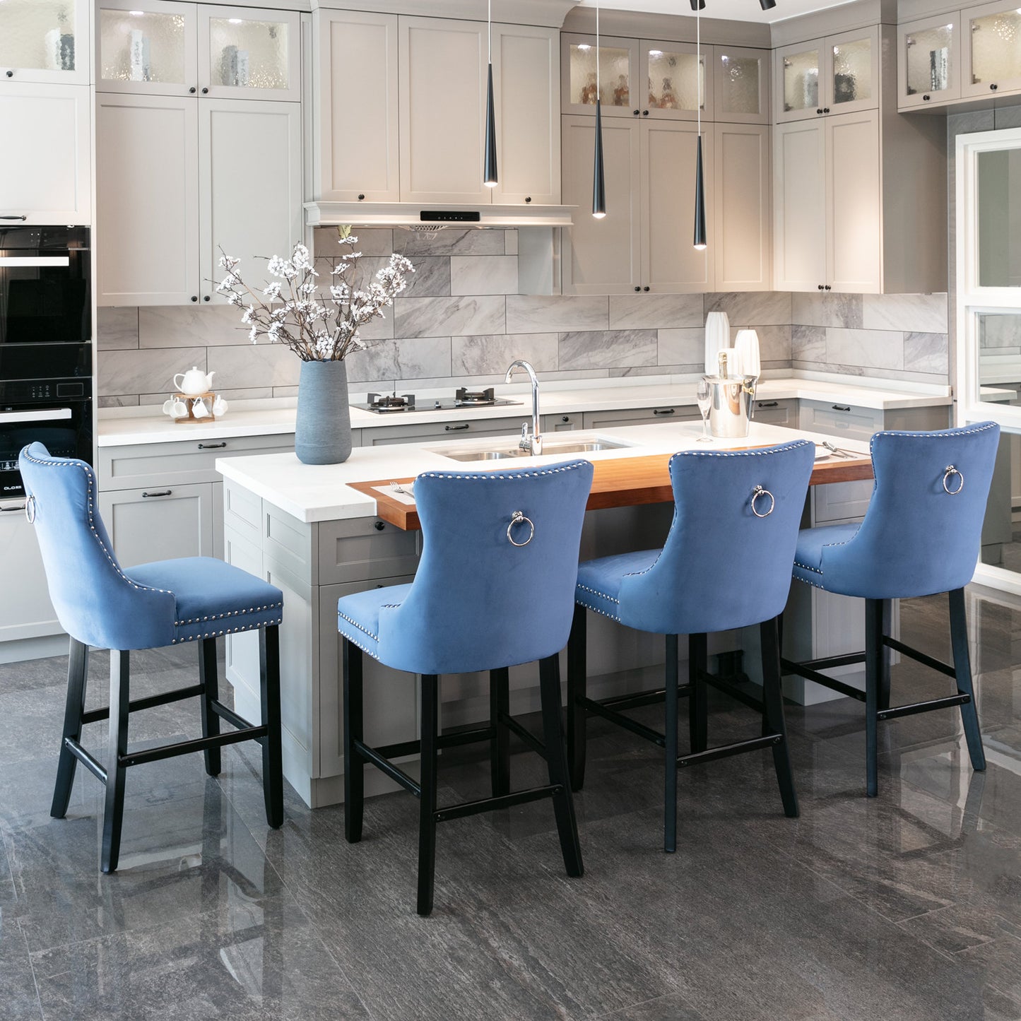 Contemporary Velvet Upholstered Barstools with Button Tufted Decoration and Wooden Legs, and Chrome Nailhead Trim, Leisure Style Bar Chairs,Bar stools, Set of 2 (Blue),SW2002BL image 12