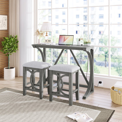 TOPMAX Farmhouse 3-Piece Counter Height Dining Table Set with USB Port and Upholstered Stools,Gray image 1