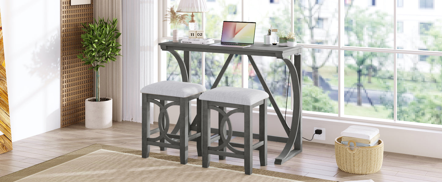 TOPMAX Farmhouse 3-Piece Counter Height Dining Table Set with USB Port and Upholstered Stools,Gray image 2