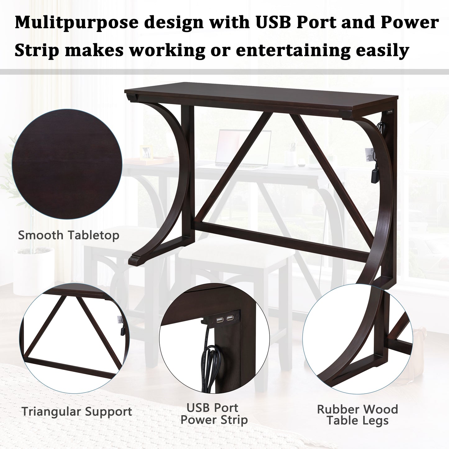 TOPMAX Farmhouse 3-Piece Counter Height Dining Table Set with USB Port and Upholstered Stools,Espresso image 4