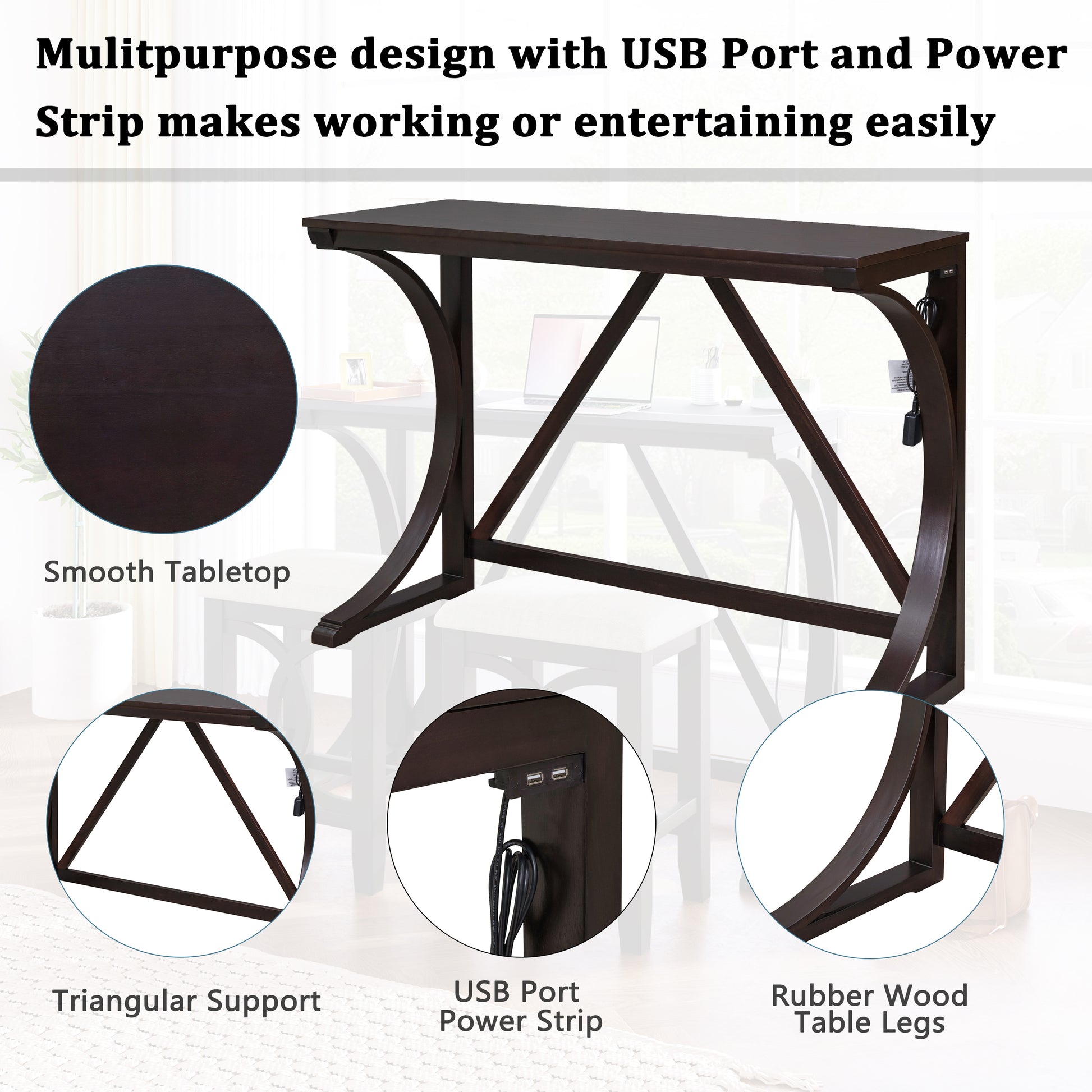TOPMAX Farmhouse 3-Piece Counter Height Dining Table Set with USB Port and Upholstered Stools,Espresso image 4