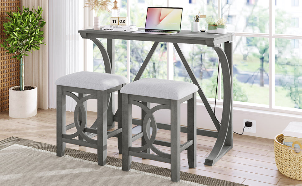 TOPMAX Farmhouse 3-Piece Counter Height Dining Table Set with USB Port and Upholstered Stools,Gray image 3